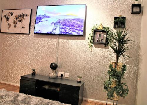 a living room with a flat screen tv on a wall at Lovely Modern Apartment Close to Town Centre in Lexden