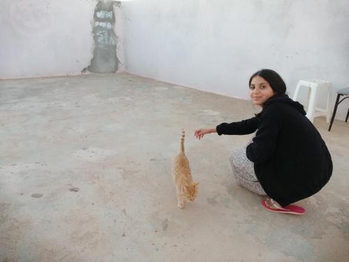 a woman is petting a cat in a room at Takad Dream Rural in Takate