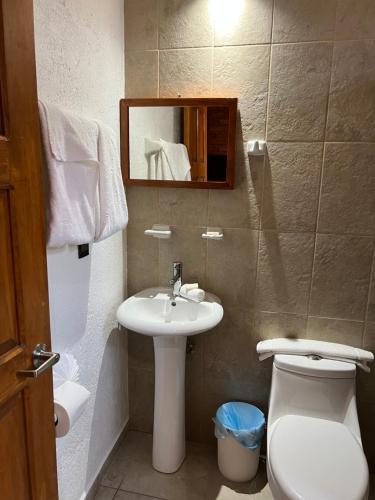 a bathroom with a sink and a toilet and a mirror at Casa Diez-59 Guanajuato Capital in Guanajuato