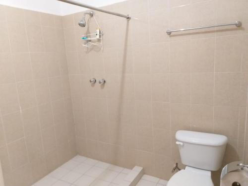 a bathroom with a shower with a toilet at Hotel Villas Monteli Suites Cuernavaca in Cuernavaca
