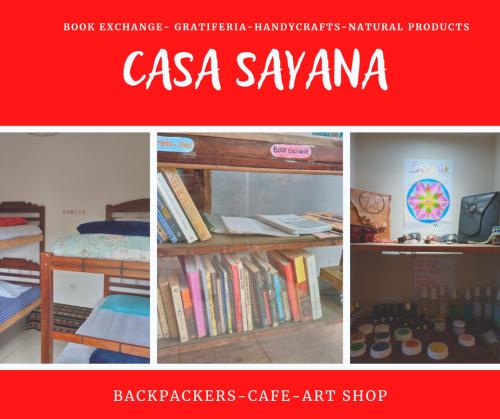 a collage of photos of a classroom with books on shelves at Casa Sayana in Samaipata