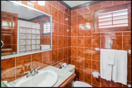 a bathroom with a sink and a mirror and a toilet at Lovely Condo (8 people): Pools, Tennis Courts, BBQ in Manuel Antonio