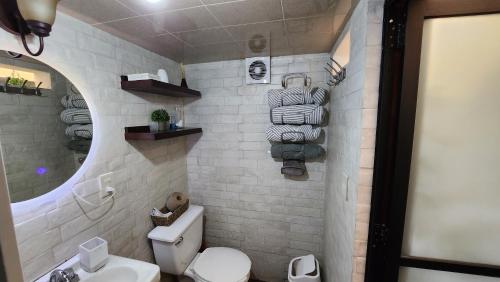 y baño con aseo, lavabo y espejo. en depa #5 recién remodelado en planta alta en Zacatecas