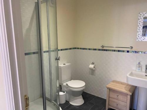a bathroom with a toilet and a shower and a sink at Spacious 2 bedroom apartment Cleethorpes in Cleethorpes