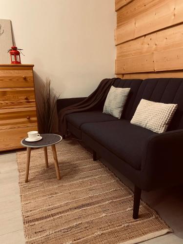 a living room with a black couch and a table at Cerla Korbielów in Korbielów