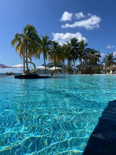 a swimming pool with palm trees and a resort at The Grey Rocks Studio in Le Diamant