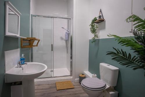 ein Bad mit einer Dusche, einem WC und einem Waschbecken in der Unterkunft Bank Street Apartment 1 in Blackpool
