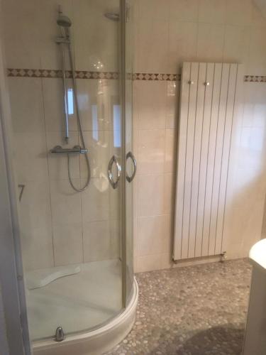 a shower with a glass door in a bathroom at Vakantiehuis Villa 56 in Heel