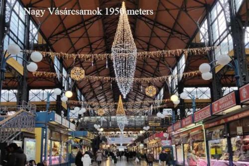 a shopping mall with a chandelier hanging from the ceiling at Center apartment 5 private room for 19 people in Budapest