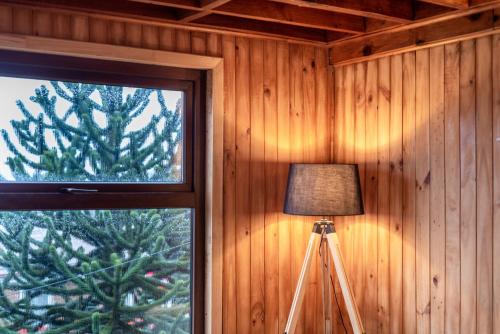 a lamp and a window in a wooden room at HOTEL VOLKANICO in Curacautín
