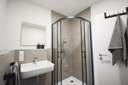 a bathroom with a shower and a sink at BLACKFOXREST Ferienwohnung in Feldberg