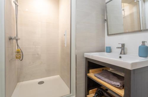 uma casa de banho com um chuveiro, um lavatório e um espelho. em La librairie du 21 Victor Hugo em Trouville-sur-Mer