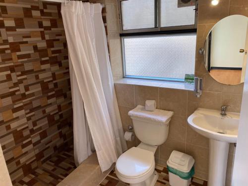 a bathroom with a toilet and a sink at Cabañas & Spa Qamawi in Pan de Azúcar