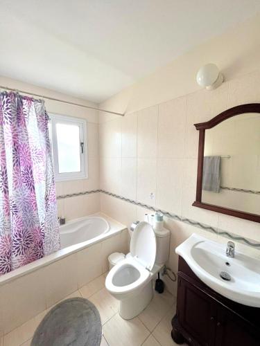 a bathroom with a toilet and a tub and a sink at Nissi Beach Golden Villas in Ayia Napa