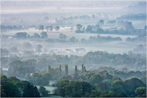 a foggy field with trees and houses in the distance at Maison Voie Verte in Bion