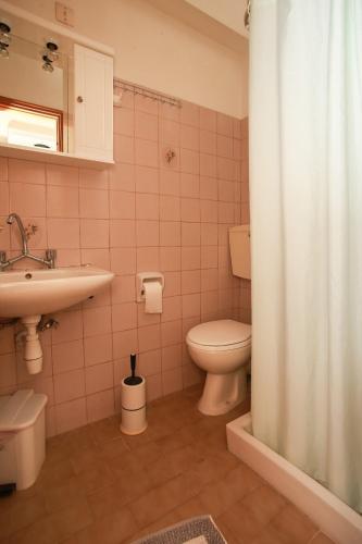 ポロスにあるAstir Roomsのトイレ、洗面台、シャワー付きのバスルーム