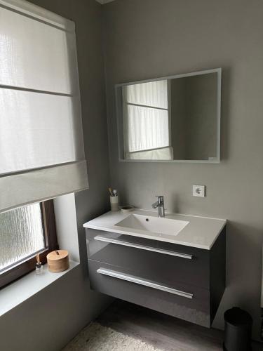 a bathroom with a sink and a mirror at Strandstrasse34 in Laboe
