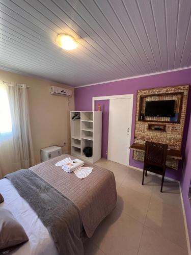 a bedroom with a bed and a fireplace at Pousada UpSerra in Urubici