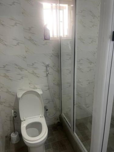a white bathroom with a toilet and a shower at Beautiful 2Br Apt in Ogba, Ikeja, Lagos in Lagos