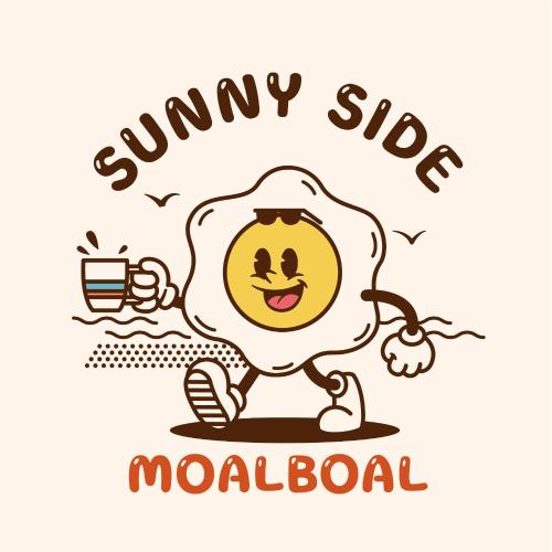 ein Cartoon-Ei, das mit einem Becher Kaffee und den Worten "sonnige Seite Moloa" läuft in der Unterkunft Sunnyside Moalboal Guest house - 써니사이드 모알보알 게스트하우스 in Moalboal