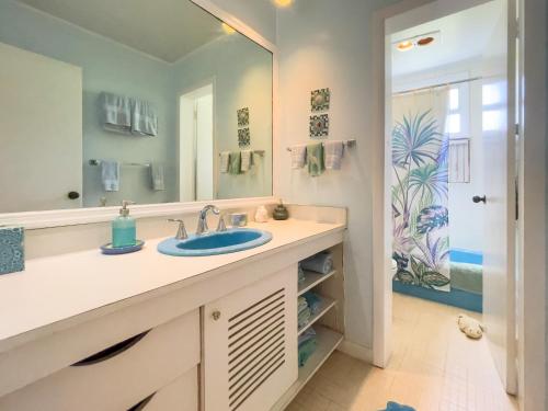 a bathroom with a sink and a mirror at Sundowner Villa villa in Savannah Sound