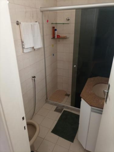 uma casa de banho com um chuveiro, um WC e um lavatório. em Catete 247 no Rio de Janeiro