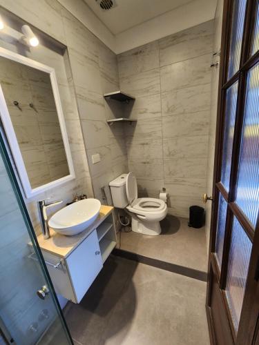 W łazience znajduje się toaleta, umywalka i lustro. w obiekcie Habitaciones en Suite Balcarce w BuenosAires