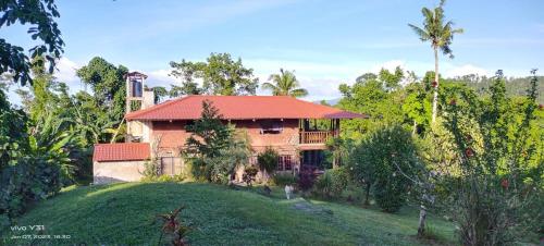 uma casa com um telhado vermelho numa colina em Bambua Nature Cottages em Puerto Princesa