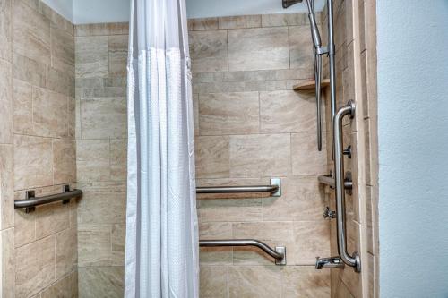 y baño con ducha y cortina de ducha. en Econo Lodge en Raleigh