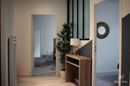 un couloir avec un miroir et une table avec une plante dans l'établissement NEW- Hyper-centre, proche commerces, à Pau