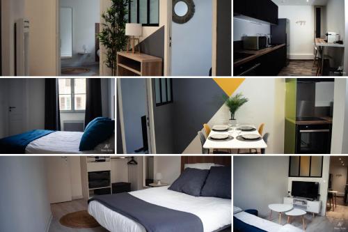 un collage de photos d'une chambre et d'un salon dans l'établissement NEW- Hyper-centre, proche commerces, à Pau