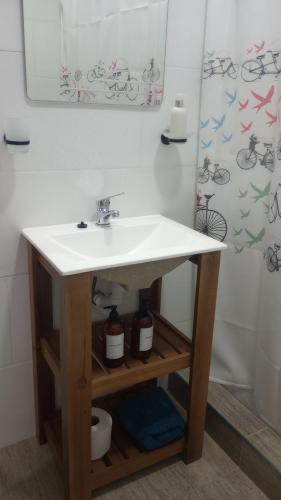 Un baño con lavabo blanco y ducha. en Descans ar Luna, en Bahía Blanca