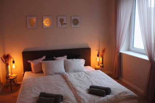Apartment im Herzen der Stadt في براونشفايغ: غرفة نوم بسرير كبير عليها منشفتين سوداوين