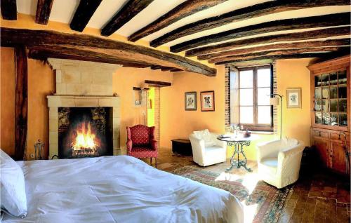 een slaapkamer met een bed en een open haard bij Nice Home In Conflans Sur Anille With Kitchen in Conflans-sur-Anille