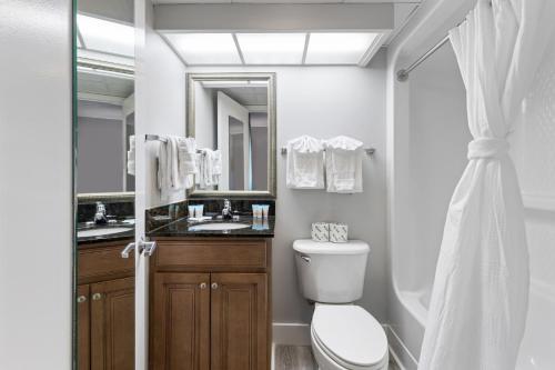 a bathroom with a toilet and a sink and a mirror at Oceanfront Condo in Atlantica Resort near Boardwalk in Myrtle Beach