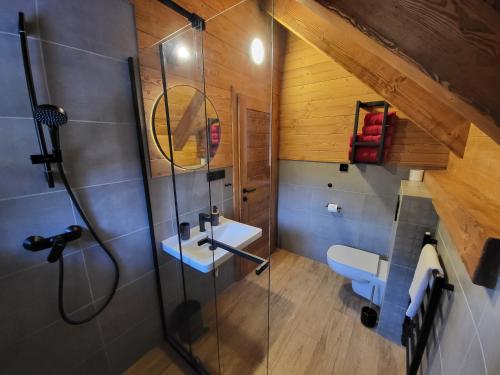 a bathroom with a shower with a toilet and a sink at Hillview Jasná Chalet in Belá