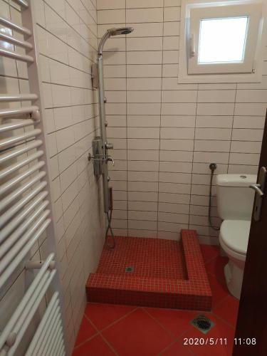 a bathroom with a shower with a toilet and a window at Peramos Luxury in Nea Peramos