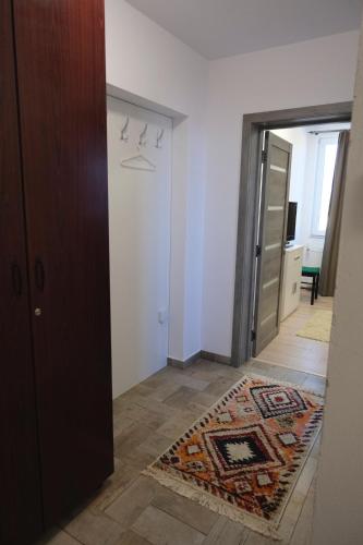 a hallway with a door and a rug on the floor at Solomon Apartments Room nr 5 in Sângeorgiu de Mureș