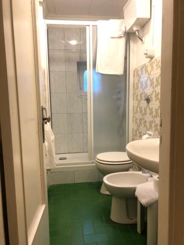 a bathroom with a shower and a toilet and a sink at Albergo Ristorante Turchino in Campo Ligure