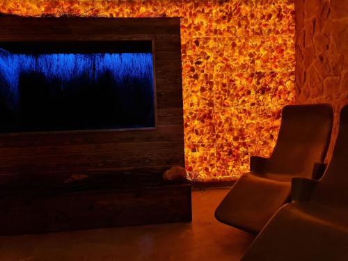 a living room with a fireplace and a television at Hotel 365 in Kielce