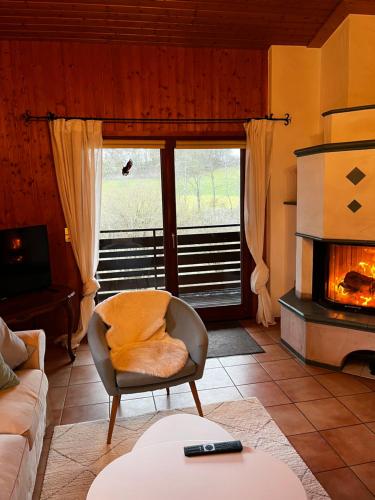 een woonkamer met een bank en een open haard bij Alb Landhaus in Inneringen-Hettingen