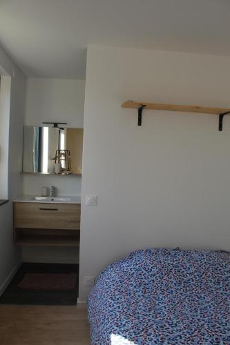 a bedroom with a bed and a bathroom with a sink at Immeuble rénové au centre d'Auch. in Auch