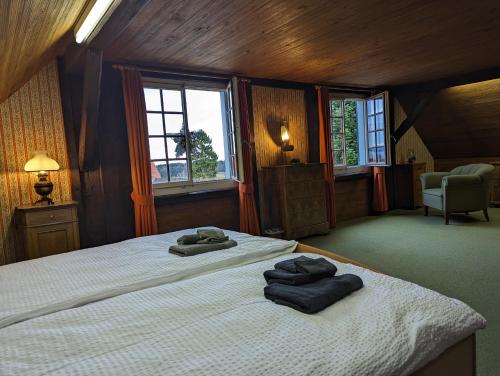 1 dormitorio con 2 camas y toallas. en Schloessli Herrenhof, 