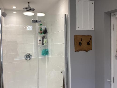 a bathroom with a shower with a glass door at The Snuggery a Cosy Country Cottage in Wellington