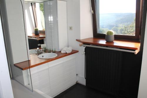 een badkamer met een wastafel en een raam bij Guesthouse Legrand in Francorchamps