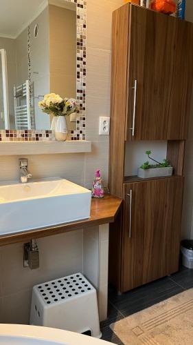 a bathroom with a sink and a toilet and a counter at Útulný 3 izbový byt v tichej lokalite in Trnava