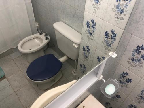 ein Badezimmer mit einem blauen und weißen WC und einem Waschbecken in der Unterkunft AQUA in Puerto Madryn