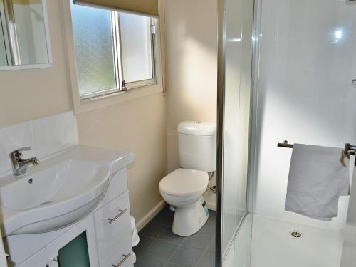 a bathroom with a toilet and a sink and a shower at Pebble Shack in Coles Bay