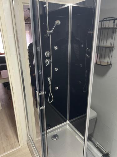 a shower with a glass door in a bathroom at Chez Tikaf in Saint-Claude