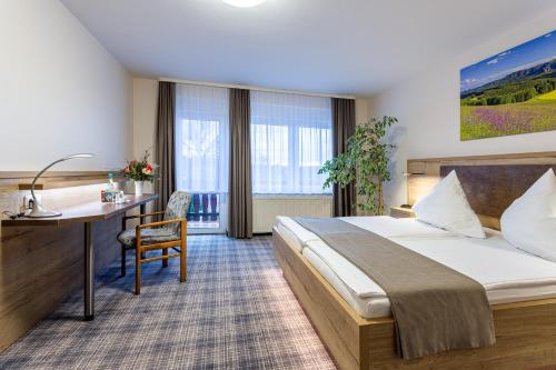 ホーンシュタインにあるHotel Zur Aussichtのベッドとデスクが備わるホテルルームです。
